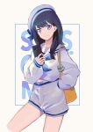  1girl alternate_costume bangs black_hair blue_eyes blue_neckerchief cellphone closed_mouth commentary cowboy_shot gridman_universe hand_in_pocket hand_up hat high-waist_shorts highres holding holding_phone lensu_(lotus36936936) long_hair looking_at_viewer neckerchief phone sailor sailor_collar sailor_hat short_shorts shorts simple_background sleeves_past_wrists smartphone smile solo ssss.gridman standing takarada_rikka text_background white_background white_sailor_collar white_shorts yellow_bag 