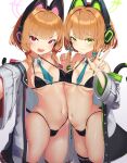  2girls animal_ear_headphones animal_ears bangs bare_shoulders between_breasts bikini black_bikini blue_archive blue_necktie blush breasts brown_hair cat_ear_headphones cat_ears cat_tail coat detached_collar earmuffs fake_animal_ears green_eyes halo headphones headphones_around_neck headset highres jacket long_hair looking_at_viewer micro_bikini midori_(blue_archive) momoi_(blue_archive) multiple_girls navel necktie necktie_between_breasts off_shoulder open_clothes open_mouth short_hair short_necktie siblings simple_background sisters small_breasts smile swimsuit tail talte01 thighhighs twins v white_jacket 