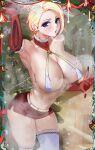  1girl absurdres arm_up armpits bare_shoulders bell blonde_hair blue_eyes blush breasts christmas cleavage condensation ear_piercing elbow_gloves gloves highres large_breasts looking_at_viewer loooyd miniskirt navel original parted_lips piercing red_gloves red_skirt short_hair sideboob skirt solo thighhighs thighs white_thighhighs 