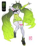  1girl absurdres bare_shoulders can collarbone colored_skin energy_drink green_eyes hat highres horns knifecat living_hair long_hair looking_at_viewer midriff monster_energy navel original shoes single_thighhigh skirt smile solo thighhighs very_long_hair white_background 