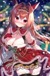  1girl animal_ears bangs bare_shoulders black_thighhighs blurry blurry_background blush bow box breasts brown_hair cleavage closed_mouth commentary_request daiwa_scarlet_(scarlet_nuit_etoile)_(umamusume) daiwa_scarlet_(umamusume) depth_of_field detached_sleeves dress fur-trimmed_dress fur-trimmed_sleeves fur_trim gift gift_box gloves green_bow hair_between_eyes hair_intakes hand_up highres holding holding_gift horse_ears illuminate_the_heart_(umamusume) large_breasts long_hair mauve nose_blush plaid plaid_dress plaid_sleeves puffy_short_sleeves puffy_sleeves red_dress red_eyes red_gloves red_sleeves short_sleeves solo striped striped_bow thighhighs tiara umamusume very_long_hair 