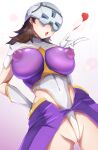  1girl blueberry_okoku_izaberafujin breasts brown_hair covered_navel covered_nipples gloves gundam gundam_suisei_no_majo heart highres large_breasts lipstick long_hair makeup mask mature_female open_mouth prospera_mercury puffy_nipples revealing_clothes simple_background solo 