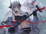  1girl arknights black_choker black_collar choker collar demon_horns golem hammer highres holding holding_hammer horns infection_monitor_(arknights) mudrock_(arknights) mudrock_colossus_(arknights) open_jumpsuit oripathy_lesion_(arknights) pointy_ears red_eyes sports_bra sweat upper_body uyuu_(hirameki) war_hammer weapon white_hair 