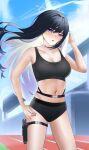  1girl absurdres aetlight blue_archive blue_eyes breasts crop_top gym_shorts gym_uniform highres long_hair medium_breasts midriff multicolored_hair navel saori_(blue_archive) shorts stomach two-tone_hair white_hair 