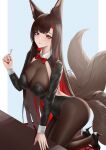  1girl :p absurdres akagi_(azur_lane) alternate_costume animal_ear_fluff animal_ears azur_lane bangs black_footwear black_hair black_leotard black_pantyhose blue_background blush bow bowtie breasts chinese_commentary closed_mouth detached_collar fox_ears fox_girl fox_tail hand_up high_heels highres holding holding_marker ichikushi_mojibake kneeling large_breasts leotard long_hair long_sleeves looking_at_viewer marker multicolored_hair multiple_tails pantyhose red_bow red_bowtie red_hair smile tail thighs tongue tongue_out 
