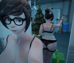  1girl 3d 6mochii artist_name ass brown_eyes brown_hair fishnets hair_ornament highres huge_ass lingerie mei_(overwatch) mirror overwatch overwatch_1 overwatch_2 revealing_clothes signature twitter_username underwear wide_hips 