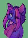  absurd_res anthro blep breasts cheek_tuft cleavage clothed clothing diadorin domestic_cat facial_tuft felid feline felis female fur green_background hi_res looking_at_viewer mammal multicolored_body multicolored_fur no_pupils purple_body purple_fur simple_background smile solo tongue tongue_out trpc_(felisrandomis) tuft two_tone_body two_tone_fur 