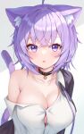  1girl :o absurdres animal_ear_fluff animal_ears bangs bare_shoulders black_collar blush breasts bursting_breasts button_gap cat_ears cat_girl cat_tail cleavage collar collarbone crossed_bangs highres hololive large_breasts looking_at_viewer nekomata_okayu off_shoulder open_mouth purple_eyes purple_hair ribbon shadow shirt short_hair solo tail thorny virtual_youtuber white_shirt 