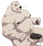  2022 anthro balls belly big_belly black_nose blush bodily_fluids cum erection genital_fluids genitals hi_res humanoid_hands jumperbear kemono male mammal moobs musclegut nipples overweight overweight_male penis polar_bear sitting solo tongue tongue_out ursid ursine 