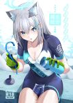  1girl animal_ear_fluff animal_ears bangs bike_jersey blue_archive blue_eyes blue_shorts blush bottle breasts chicke_iii cleavage cover cover_page cross_hair_ornament doujin_cover drinking_straw extra_ears gloves green_gloves grey_hair hair_between_eyes hair_ornament halo highres leaning_forward looking_at_viewer medium_breasts parted_lips pouring pouring_onto_self shiroko_(blue_archive) shiroko_(cycling)_(blue_archive) short_sleeves shorts sitting solo sweat wakamezake water 