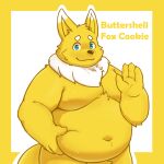  2022 belly binca_233 buttershell_fox canid canine cookie_run fox hi_res humanoid male mammal overweight overweight_male solo text yellow_body 