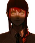  1girl bangs black_necktie braid braided_ponytail chainsaw_man collared_shirt dark eulbhitomi eye_focus highres looking_at_viewer makima_(chainsaw_man) medium_hair necktie ringed_eyes shirt sidelocks simple_background sinister solo spotlight white_background white_shirt yellow_eyes 