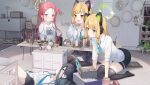  4girls :3 :d :o absurdres animal_ear_headphones animal_ears aris_(blue_archive) artist_name balloon bangs black_hair black_skirt black_thighhighs blonde_hair blue_archive blue_eyes blue_necktie blunt_bangs blush book bottle bow box can cat_ear_headphones cat_ears chair collared_shirt commentary_request cup dress_shirt drink drinking_glass drinking_straw eru_daydream eyelashes fake_animal_ears food forehead full_body green_bow green_eyes hair_between_eyes hair_bow halo hand_up headphones highres indoors long_bangs long_hair long_sleeves looking_at_another lying medium_hair midori_(blue_archive) momoi_(blue_archive) multiple_girls necktie on_back one_side_up open_mouth parted_bangs parted_lips plant print_sweater profile purple_eyes raised_eyebrows red_bow red_eyes red_hair school_uniform shelf shirt short_necktie sidelocks sitting skirt smile speaker sweater table thighhighs toy toy_gun tray twitter_username undone_necktie very_long_hair white_bow white_shirt white_sweater wing_collar yuzu_(blue_archive) 