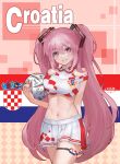  1girl 2022_fifa_world_cup al_rihla alternate_costume alternate_hair_color ball breast_press breasts clothing_cutout cowboy_shot croatia croatian_flag crop_top hatsune_miku highres holding holding_ball jokanhiyou large_breasts linea_alba long_hair looking_at_viewer midriff miniskirt navel shoulder_cutout skindentation skirt smile soccer solo standing thigh_strap thighs very_long_hair vocaloid world_cup 