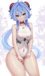  1girl ahoge ayanami_rei ayanami_rei_(cosplay) bangs bare_arms bare_shoulders blue_hair bodysuit breasts closed_mouth cosplay covered_navel cowboy_shot expressionless ganyu_(genshin_impact) genshin_impact goat_horns hair_between_eyes hands_on_own_thighs highres hiroside horns large_breasts long_hair looking_at_viewer low_ponytail neon_genesis_evangelion purple_eyes sidelocks simple_background skin_tight solo thick_thighs thighs turtleneck twitter_username white_background white_bodysuit 