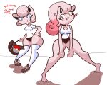  ancient_pokemon anthro blue_eyes blush bodily_fluids breasts clothed clothing digital_media_(artwork) diicks duo english_text female female/female generation_1_pokemon generation_9_pokemon hair hi_res jigglypuff looking_at_viewer nintendo open_mouth paradox_pokemon pink_body pink_hair pokemon pokemon_(species) scream_tail shaded shirt simple_background smile sportswear sweat text thick_thighs topwear video_games wide_hips 