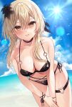  1girl absurdres bangs bare_shoulders beach bikini black_bikini black_choker black_flower black_nails blonde_hair blue_sky blush breasts choker cleavage cloud cowboy_shot day flower genshin_impact hair_between_eyes hair_flower hair_ornament heart highres large_breasts leaning_forward long_hair looking_at_viewer lumine_(genshin_impact) nail_polish navel o-ring o-ring_bikini outdoors parted_lips revision side-tie_bikini_bottom sky smile solo swimsuit thigh_strap v_arms vitaminechan water wet yellow_eyes 