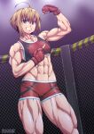  1girl abs ahoge bare_legs biceps cage deltoids ebr-kii forearms gloves grey_eyes highres light_brown_hair looking_at_viewer mixed_martial_arts muscular muscular_female original pale_skin pointing pointing_at_self quads red_gloves red_sports_bra short_hair shorts smile sports_bra sportswear 