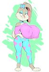  2022 anthro big_breasts breasts buckteeth clothed clothing eyeshadow female hi_res huge_breasts lagomorph leporid makeup mammal nipple_outline rabbit simple_background smile solo standing teeth usnarbit 