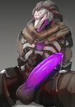  absurd_res agitype01 anthro balls big_balls big_penis blizzard_entertainment clothed clothing crocodilian crocodylid erection genitals hi_res humanoid humanoid_genitalia humanoid_penis machine male overwatch partially_clothed penis purple_penis ramattra reptile robot scalie video_games 