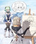  1boy 1girl ahoge albedo_(genshin_impact) animal_ears bangs bitseon black_gloves blonde_hair blush bra braid breasts cat_ears drawing easel genshin_impact glasses gloves green_hair hair_between_eyes hat heart heart-shaped_pupils highres holding holding_pencil imagining knees_together_feet_apart long_hair long_sleeves looking_at_viewer multicolored_hair open_mouth panties pencil ponytail semi-rimless_eyewear smile spread_legs sucrose_(genshin_impact) symbol-shaped_pupils thighhighs underwear v yellow_eyes 