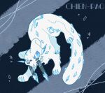  2022 abstract_background ambiguous_gender blue_background blue_sclera blue_spots chien-pao cirno303 claws crystal english_text fangs felid feral fur generation_9_pokemon legendary_pokemon mammal nintendo pantherine pokemon pokemon_(species) quadruped simple_background solo species_name spots spotted_body spotted_fur text toe_claws video_games whiskers white_body white_fur 