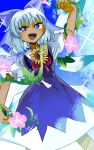  1girl :d asuku_(69-1-31) blue_bow blue_dress blue_eyes blue_hair bow bright_pupils cirno detached_wings dress flower hair_bow ice ice_wings looking_at_viewer open_mouth pinafore_dress pink_flower shirt short_hair short_sleeves smile solo sunflower tan tanned_cirno touhou white_pupils white_shirt wings 