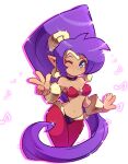  2022 5_fingers absurd_res blue_eyes breasts clothing ear_piercing ear_ring female fingers genie hair hi_res humanoid humanoid_pointy_ears long_hair looking_at_viewer musical_note nin10ja not_furry one_eye_closed piercing ponytail purple_hair ring_piercing shantae shantae_(series) signature simple_background solo video_games wayforward wink 