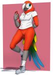  absurd_res anthro avian bird bottomless bottomless_female breasts clothed clothing female fish_birb footwear fully_clothed genitals hi_res macaw medium_breasts neotropical_parrot parrot polo_shirt pussy samantha_(fish_birb) shirt shoes solo topwear true_parrot 