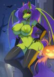  absurd_res anthro bat_pony big_breasts breasts chiropteran clothing equid female green_body hand_on_hip hasbro hi_res jack-o&#039;-lantern kuroma legwear mammal membrane_(anatomy) membranous_wings my_little_pony night nipples outside solo thigh_highs wings 