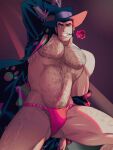  1boy arsene_lupin_iii bara coat feet_out_of_frame flower flower_on_mouth fundoshi hairy hat highres japanese_clothes kon_likes_corn large_pectorals lupin_iii male_focus manly mature_male muscular muscular_male nipples open_clothes open_coat pectorals pole pole_dancing pubic_hair red_flower red_rose rose solo stripper_pole thick_arms thick_eyebrows thick_thighs thighs 