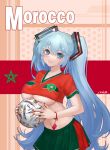  1girl 2022_fifa_world_cup al_rihla ball blue_eyes blue_hair breasts crop_top green_skirt hatsune_miku highres jokanhiyou large_breasts long_hair looking_at_viewer midriff morocco multicolored_clothes multicolored_skirt navel pleated_skirt red_skirt skirt soccer soccer_ball soccer_uniform solo sportswear twintails underboob very_long_hair vocaloid world_cup 