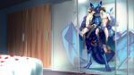  16:9 anthro anthro_on_anthro arno_(peritian) biped blue_body blue_clothing bulge celio_(peritian) clothing domestic_cat dragon eli_(papadwaggy) felid feline felis group hi_res interspecies male male/male mammal membrane_(anatomy) membranous_wings peritian red_clothing siamese sibling size_difference trio twins widescreen wings 