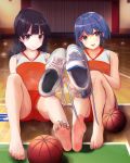  2girls absurdres bangs bare_legs barefoot basketball basketball_uniform black_hair blue_hair blunt_bangs commentary_request eyelashes feet grey_eyes gym head_tilt highres holding indoors knee_up knees_up legs long_hair looking_at_viewer lumina414 multiple_girls open_mouth original outstretched_arm red_shorts shadow shiny shiny_hair shirt shoes shoes_removed short_hair shorts sidelocks sitting sleeveless sleeveless_shirt smell smile sneakers soles sportswear steaming_body teeth toenails toes upper_teeth 