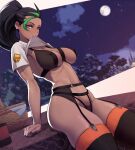  1girl arm_support basket black_bra black_hair black_panties black_thighhighs bra breasts clothes_lift cloud coffee_cup covered_nipples cup dark-skinned_female dark_skin disposable_cup eyelashes freckles full_moon garter_belt green_hair hair_pulled_back highres large_breasts lingerie long_hair looking_at_viewer moon mouth_hold multicolored_hair nemona_(pokemon) night orange_eyes panties pokemon pokemon_(game) pokemon_sv ponytail shirt shirt_lift short_sleeves sitting sky solo star_(sky) starry_sky stopu streaked_hair table thighhighs thighs toned two-tone_hair underwear uva_academy_uniform white_shirt 