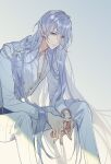  1boy artist_name bangs bishounen buttons closed_mouth collarbone dated double-breasted expressionless eyelashes feet_out_of_frame for_all_time gold_trim grey_hair hair_between_eyes jacket light_rays long_bangs long_hair long_sleeves looking_at_viewer male_focus pants psd_(psdgai) purple_eyes shiny shiny_hair sidelocks signature simple_background sitting solo very_long_hair white_background white_jacket white_pants yexuan 
