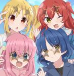  4girls bangs blonde_hair blue_hair bocchi_the_rock! brown_eyes cube_hair_ornament glasses gotou_hitori green_eyes hair_between_eyes hair_ornament highres ijichi_nijika jacket kita_ikuyo mole mole_under_eye multiple_girls one_side_up pink_hair pink_jacket pink_track_suit red_hair short_hair side_ponytail sidelocks star-shaped_eyewear torikoboshi track_jacket yamada_ryou yellow_eyes 