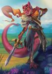  absurd_res adventurer anthro armor claws clothed clothing detailed_background digital_media_(artwork) dungeons_and_dragons hasbro hi_res holding_object holding_sword holding_weapon horn kobold lizard long_tail looking_at_viewer male melee_weapon mountain open_mouth outside pit_viper plant rattlesnake red_body red_skin redsmock reptile scalie scarf sky smile snake solo solo_focus sword tongue viper warrior weapon wizards_of_the_coast yellow_eyes 