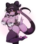  1girl absurdres black_horns black_thighhighs blush breasts brown_eyes brown_sleeves cleavage colored_skin commission demon_horns detached_sleeves gradient gradient_background highres horns large_breasts looking_at_viewer open_mouth original pointy_ears purple_skin slugbox smile solo standing standing_on_one_leg sweat tail teeth thighhighs upper_teeth 
