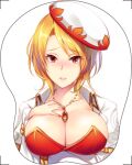  1girl blonde_hair breast_mousepad breasts cleavage closed_mouth collarbone eleanor_(saga) hat jewelry koyama_sao large_breasts looking_at_viewer lowres necklace red_eyes saga saga_frontier_2 short_hair simple_background solo white_background 