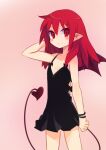  1girl alternate_hairstyle arm_behind_head arm_up bangs black_dress blush_stickers cowboy_shot demon_girl demon_tail disgaea drawfag dress etna_(disgaea) looking_at_viewer non-web_source photoshop_(medium) pink_background pointy_ears red_eyes red_hair short_dress simple_background solo spaghetti_strap tail 