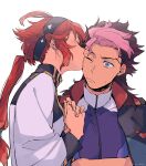  1boy 1girl asticassia_school_uniform blue_eyes blush brown_hair green_jacket guel_jeturk gundam gundam_suisei_no_majo hair_between_eyes hetero highres holding_hands jacket kiss kissing_forehead long_hair long_sleeves mullet multicolored_hair one_eye_closed open_mouth pink_hair red_hair school_uniform short_hair_with_long_locks suletta_mercury sweatdrop thick_eyebrows two-tone_hair upper_body wakaya_hana white_background white_jacket 