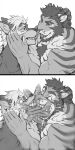  aggressive_love anthro atatatatatata biceps canid canine canis duo felid french_kissing hi_res humor jacketbear kissing male male/male mammal muscular muscular_anthro muscular_male open_mouth pantherine pecs tiger tongue wolf 