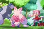  2022 ambiguous_gender amy_rose anthro boots clothing crossover detailed_background duo eulipotyphlan female footwear gloves grass green_eyes hammer handwear hedgehog hi_res lunaerim mammal nintendo open_mouth open_smile piko_piko_hammer plant pokemon sega signature smile sonic_the_hedgehog_(series) tinkaton tools tree video_games 