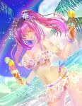  1girl bangs beach bikini breasts collarbone day fate/grand_order fate_(series) flower food frilled_bikini frilled_skirt frills hair_between_eyes hair_flower hair_ornament highres holding holding_food holding_ice_cream ice_cream ice_cream_cone large_breasts licking_lips long_hair looking_at_viewer natsujiru navel off-shoulder_bikini off_shoulder outdoors purple_bikini purple_hair red_eyes scathach_(fate) scathach_skadi_(swimsuit_ruler)_(fate) see-through skirt solo swimsuit thighs tongue tongue_out twintails upper_body 