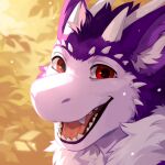  1:1 absurd_res ambiguous_gender anthro bust_portrait cheek_tuft corzh77 dragon facial_tuft fur furred_dragon glistening glistening_eyes hair happy hi_res horn inner_ear_fluff looking_at_viewer open_mouth open_smile portrait purple_body purple_fur purple_hair red_eyes short_hair shoulder_tuft simple_background smile solo teeth tuft unsigned white_body white_fur white_horn white_inner_ear_fluff 