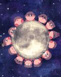  :d blush candy circle commentary_request constricted_pupils food heart hiding highres kirby kirby_(series) lollipop miclot moon multiple_persona no_humans o_o onigiri open_mouth sleeping smile space sparkling_eyes star_(sky) 