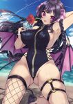  1girl absurdres areola_slip ass_visible_through_thighs asymmetrical_legwear beach black_hair black_leotard black_wings braid breasts covered_nipples cup demon_girl demon_horns demon_tail demon_wings drinking_glass drinking_straw fishnet_thighhighs fishnets groin hamachi_paint highres holding holding_cup horizon horns large_breasts leotard long_hair looking_at_viewer ocean original outdoors purple_eyes purple_horns side_braid sideboob solo striped_horns tail thigh_strap thighhighs tongue tongue_out wings zipper 
