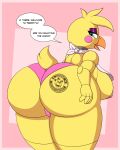  animatronic anthro avian beak bent_over bib big_breasts bird blue_eyes branded breasts butt chicken clothed clothing dialogue eyelashes eyeshadow female five_nights_at_freddy&#039;s five_nights_at_freddy&#039;s_2 freddy_(fnaf) galliform gallus_(genus) hi_res larikane logo machine makeup nipples non-mammal_breasts panties panties_only phasianid presenting presenting_hindquarters question robot scottgames solo speech_bubble topless toy_chica_(fnaf) underwear underwear_only video_games yellow_body 