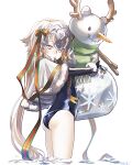  1girl ass bell capelet fate/grand_order fate_(series) fur-trimmed_capelet fur_trim green_ribbon headpiece holding_snowman inflatable_toy isagiyo jeanne_d&#039;arc_alter_santa_lily_(fate) jeanne_d&#039;arc_alter_santa_lily_(summer_little)_(fate) long_hair looking_at_viewer pout ribbon school_swimsuit snowman striped striped_ribbon swimsuit very_long_hair wading water white_background white_capelet white_hair yellow_eyes 